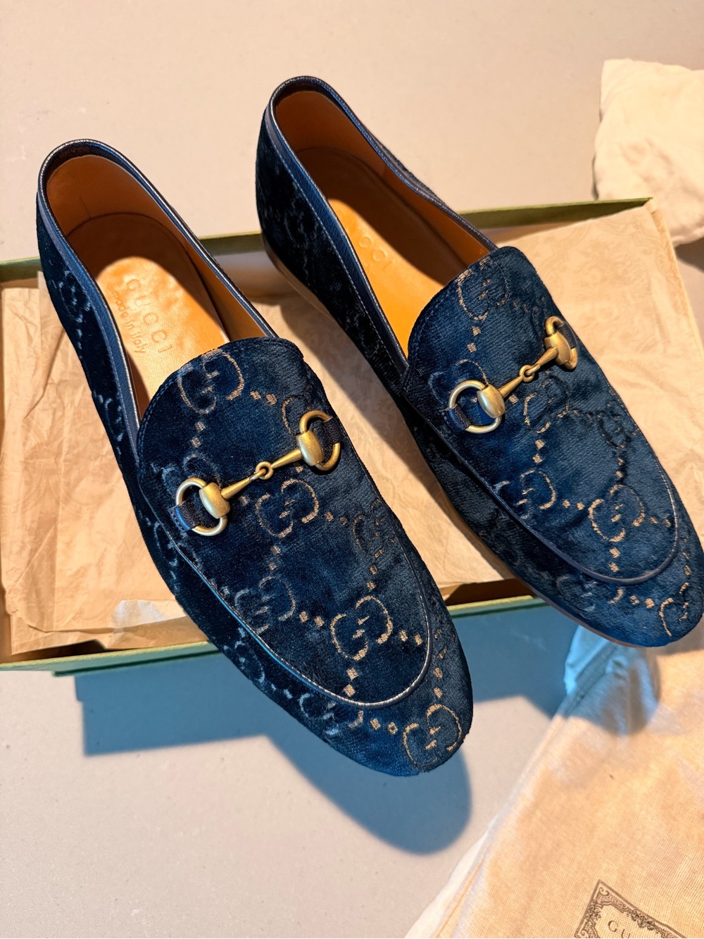 Gucci Jordaan Navy Velvet Horsebit Loafers (UK 8/US 9